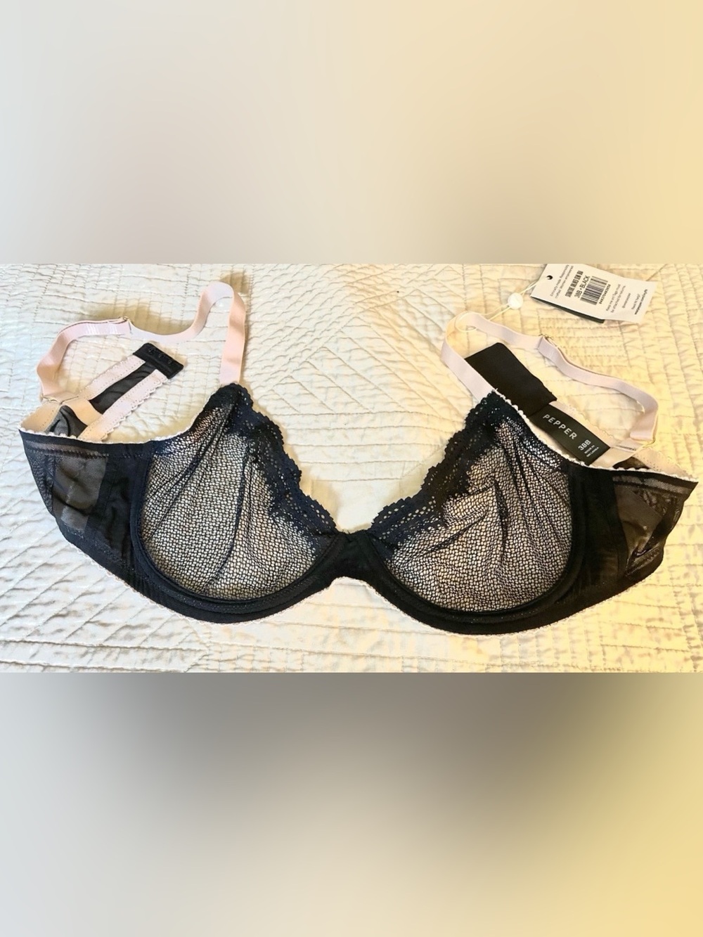 PEPPER Sheer Black Lace Underwire Bra with Pale Pink Straps Size 38B